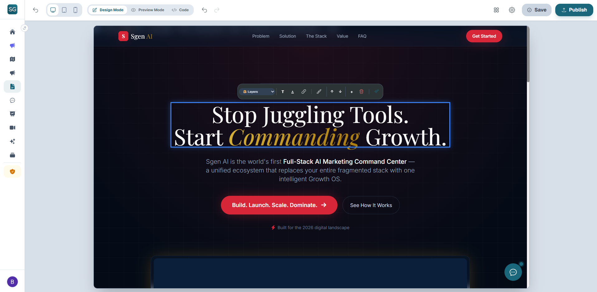 Floating Toolbox Functions in Landing Page Editor